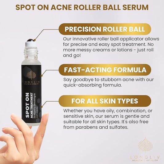 Spot On Acne Roller Ball Serum with Benzoyl Peroxide and Salicylic Acid - Pimple Spot Treatment - Treat Zits & Blemishes On the Go Without a Mess - Formulated by Dermatologists