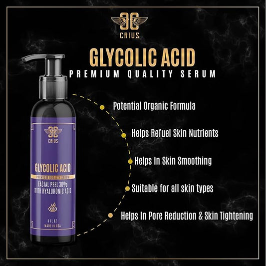 Glycolic Acid Face Serum with AHA 30% Renewal, Skin Brightening, Moisturizing, Pore Refining, Anti Aging, Exfoliating Serum 6 oz for Men & Women