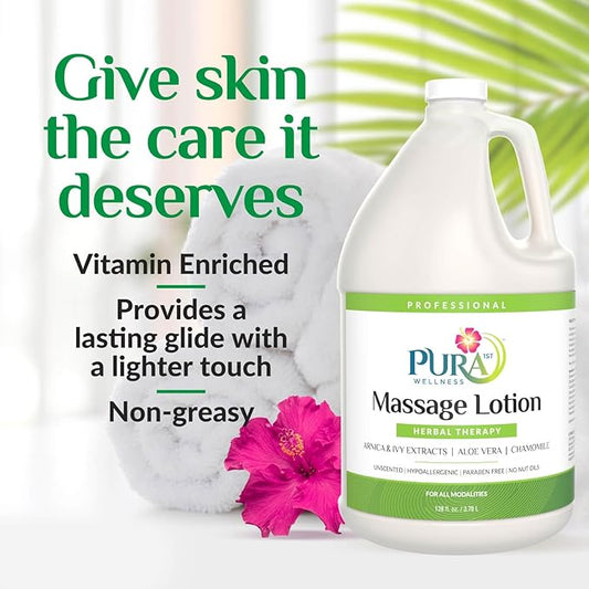 Herbal Massage Lotion, Hypoallergenic Formula for Muscle Relief, Professional Deep Tissue Therapy, Pura Wellness Herbal Lotion, Unscented Massage Lotion for Physical Therapy Recovery, 128oz