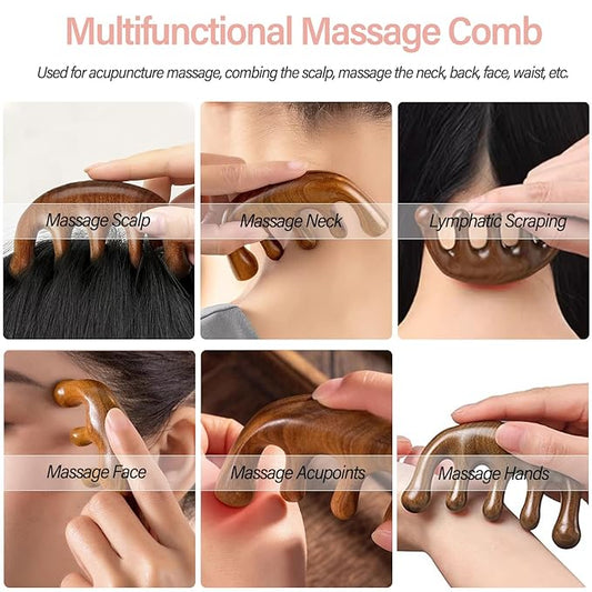 Wooden Massage Comb Scalp Massager - 2 Pack Sandalwood Loc Wide Tooth Detangler for Wet or Dry Hair - Manual Wood Massage Tools for Head Neck Back Hand - Hair Care Gift for Women
