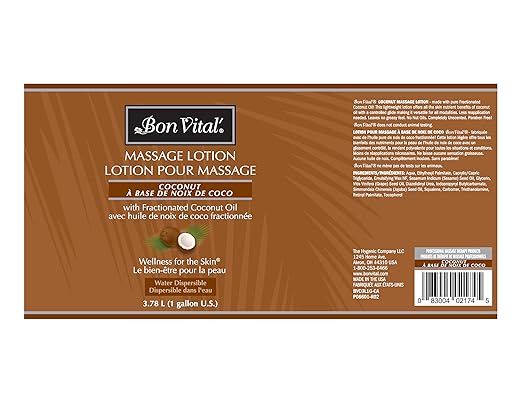 Bon Vital' Coconut Massage Lotion with 100% Pure Fractionated Coconut Oil, Lightweight Massage Lotion, Provides a Massage, Intense Skin Hydrating and Moisturizing, 1 Gal, Label may Vary