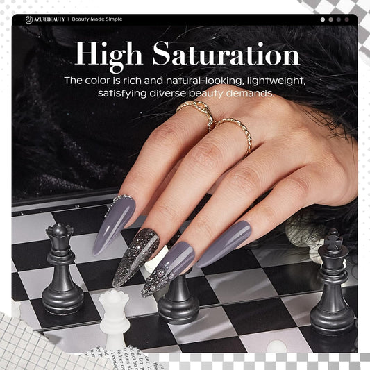 AZUREBEAUTY Dip Powder Nail Kit Starter, Light & Dark Grey Black Glitter Sparkle, 4 Colors Dipping Powder Set All Seasons, French Nail Art Base Top Coat Activator Liquid Manicure DIY Salon 12 PCS