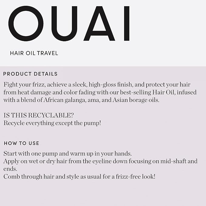 OUAI Hair Oil Travel Size - Hair Heat Protectant Oil for Frizz Control - Adds Shine and Smooths Split Ends - Color Safe Formula - Paraben, Phthalate and Sulfate Free (0.45 oz)