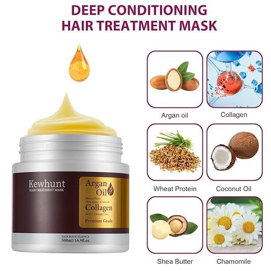 Collagen Hair Mask, Mothers Day Gifts, Deep Conditioning Hair Mask Infused with Argan Oil, Plant Protein, Shea Butter, Hair Treatment Hydrating Repair Mask Essence for Dry Damaged Hair 16.9 oz 500ml