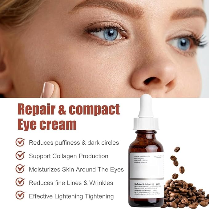 Two Pack Caffeine Solution 5% + EGCG, Depuffing Eye Serum for Dark Circles and Tired Eyes with Honey Hand Cream Bundle