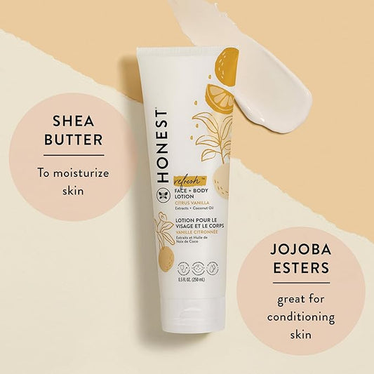 The Honest Company Hydrating Face + Body Lotion | Fast Absorbing, Naturally Derived, Hypoallergenic | Citrus Vanilla Refresh, 8.5 fl oz