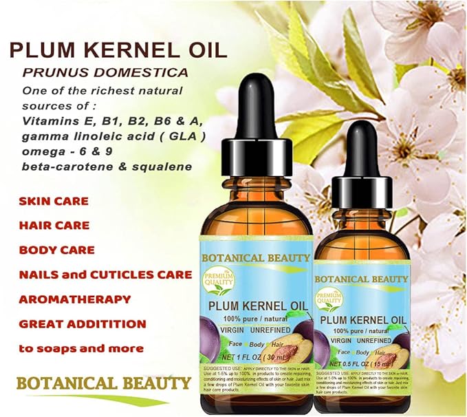 Botanical Beauty French PLUM KERNEL OIL 100% Pure Natural Virgin Unrefined Cold Pressed Carrier Oil 0.33 oz- 10 ml for Face, Skin, Hair, Lips, Nails. Skin SuperFood. Face moisturizer Oil