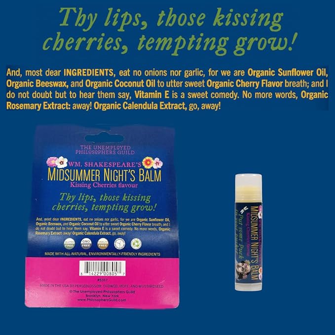 Shakespeare's Midsummer Night's Lip Balm Tube, Cherry Flavored - Cruelty-Free and Made in the USA from Natural and Imported Ingredients