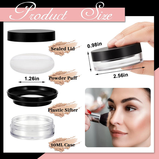 Tessco 4 Pcs 10ml/0.34oz Dusting Powder Containers with Puff Portable Loose Powder Container Reusable DIY Empty Makeup Container No Leak Travel Compact Case with Sponge Puff Elastic Net Sifter