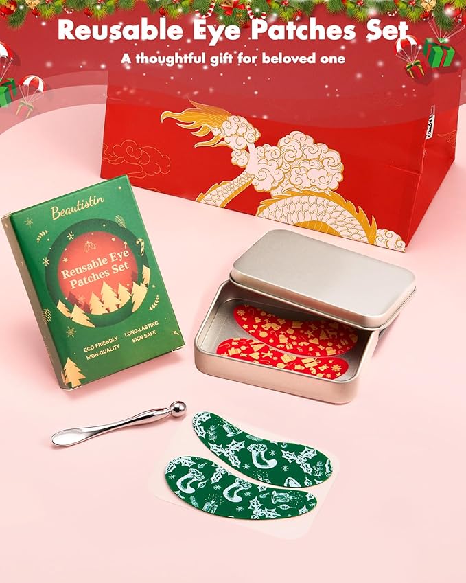 2 Pairs Reusable Under Eye Wrinkle Patches Silicone Mask, Plump Fine Lines & Wrinkles, with Metal Eye Cream Applicator, Tin Case, Red & Green