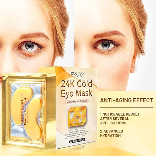 POSTA 24K Gold Eye Mask, 20 Pairs Eye Treatment Mask With Collagen, Under Eye Mask Treatment for Puffy Eyes, Dark Circles Corrector, Used for Eye Bags, Anti Aging Patches Luxury Gift for Women and Men