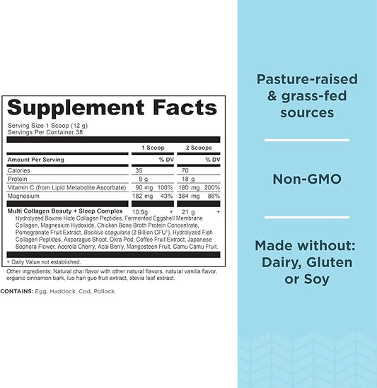 Ancient Nutrition Collagen Powder Protein, Multi Collagen Protein Beauty + Sleep with Vitamin C, Vanilla Chai, Hydrolyzed Collagen Peptides Supports Skin and Nails, Sleep, 16.1oz