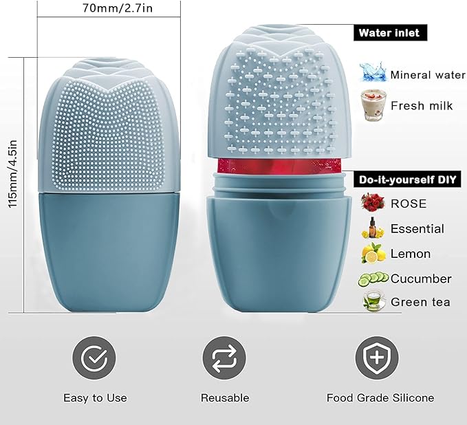 KOGITI Face Ice Roller & Mold - Beauty Facial Massage Tool for Puffiness Relief, Ice Cube Holder (Brush-Blue)