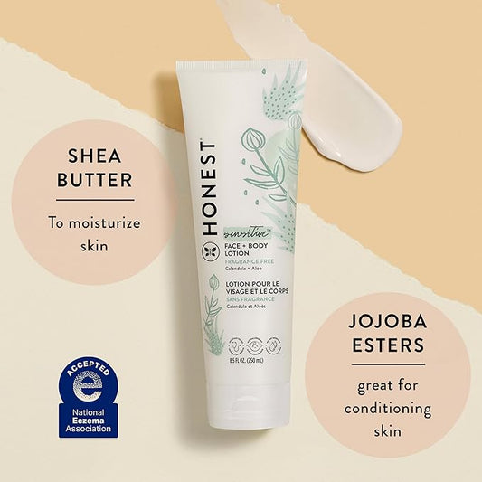 The Honest Company Hydrating Face + Body Lotion | Fast Absorbing, Naturally Derived, Hypoallergenic | Fragrance Free Sensitive, 8.5 fl oz