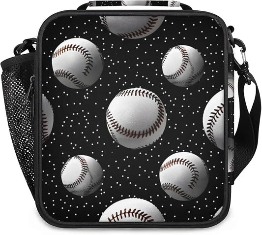 Baseball Black Kid Lunch Bags with Shoulder Strap Insulated Lunch Boxes for Boy Girls Waterproof Thermal Cooler Tote Bag Portable Picnic Bag for School Work Outdoor Gifts