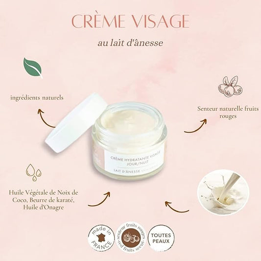 Moisturizing Face Cream - Day/Night - Donkey Milk - 100% natural - Normal, Dry, Oily, Sensitive Skin, Redness - Made in France - 50 ml jar