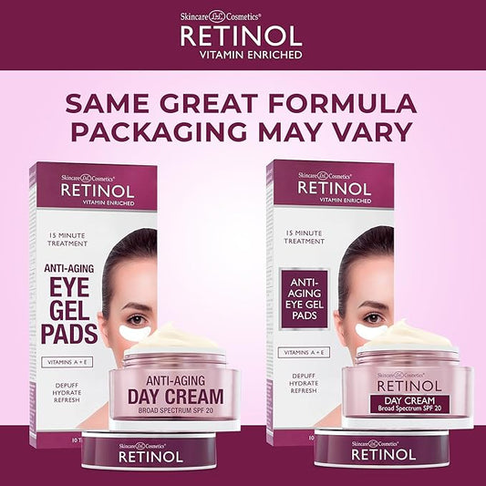 Retinol Anti-Aging Day Cream Broad Spectrum SPF 20 Moisturizes & Reduces Look of Fine Lines Anti-Aging Eye Gel Pads – Soothing Vitamin A Reduces Puffiness & Refreshes the Under Eye Area.