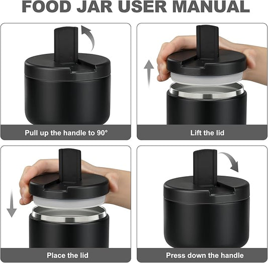 12oz Kids Soup Thermo for Hot Food Insulated Vacuum Food Jar with Buckle Lid, Stainless Steel Wide Mouth Leak Proof Lunch Container for School Travel-Black