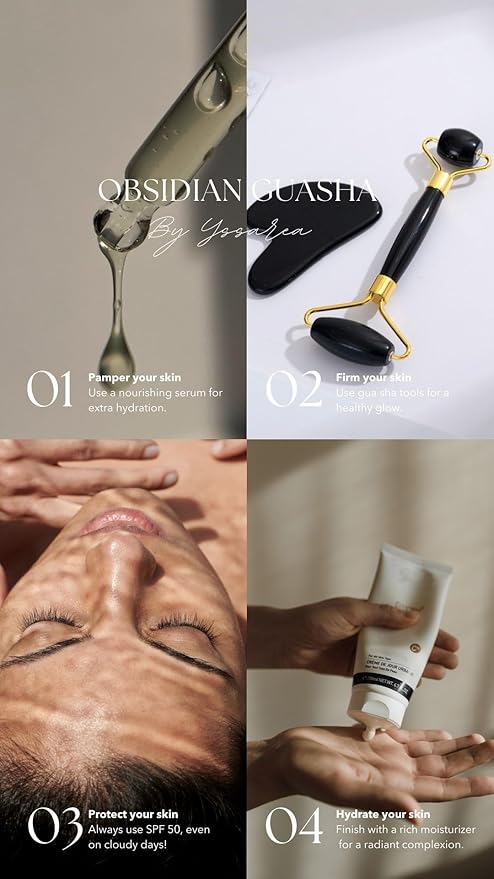 Yssarea Obsidian Roller and Gua Sha - Face Roller | 100% Natural Obsidian Stone Set | Dual Sided Face Massager | Reduces Signs of Aging, Black