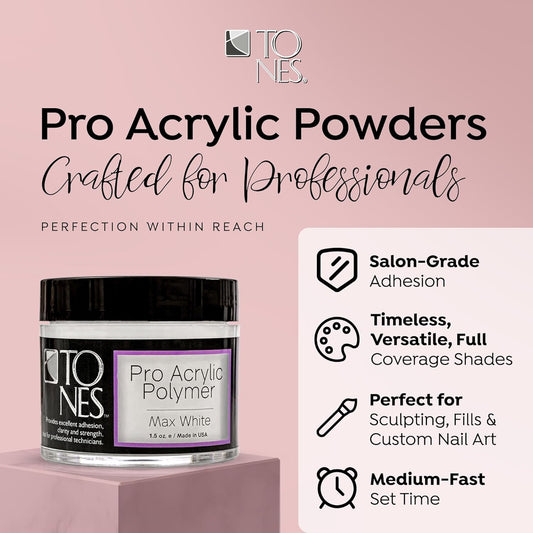Tones Pro Acrylic Nail Powder, Max White (Creamy, Soft Off-White), (8.5 Fl Oz) - Long-Lasting & Non-Yellowing Polymer for Salon Quality Nail Extensions & 3D Art