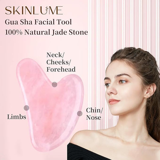 Jade Roller Gua Sha Facial Tool - for Face Neck Eye Jawline, Reduce Puffiness and Tension, Gift Set for Men Woman 100% Natural Jade Stone (Pink)
