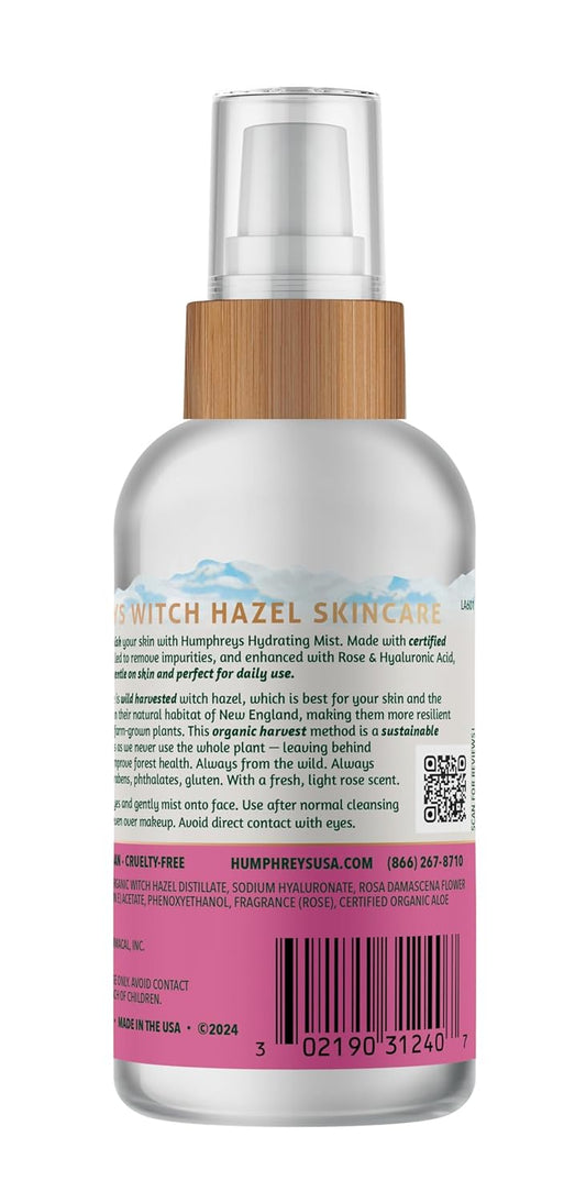Humphreys Witch Hazel Hydrating Toner Mist Spray | Balancing & Hydrating Facial Toner | Alcohol-Free | Wild Harvested Witch Hazel | Soothing Rose Water | 3.3 Fl Oz Travel Size | Vegan & Cruelty-Free