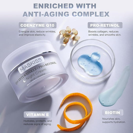 Q10 Anti-Wrinkle Night Cream + Pro-Retinol, Unscented Anti-Aging Face Moisturizer for Sensitive Skin, Firming Face and Neck Cream, 1.76 Oz Jar