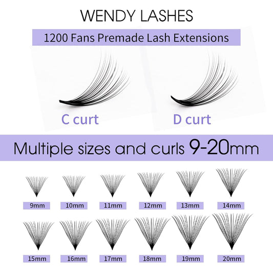 Premade Fans Eyelash Extension 1200 Fans 20P Loose Volume Lashes C Curl Pre-made Fans 9-20mm