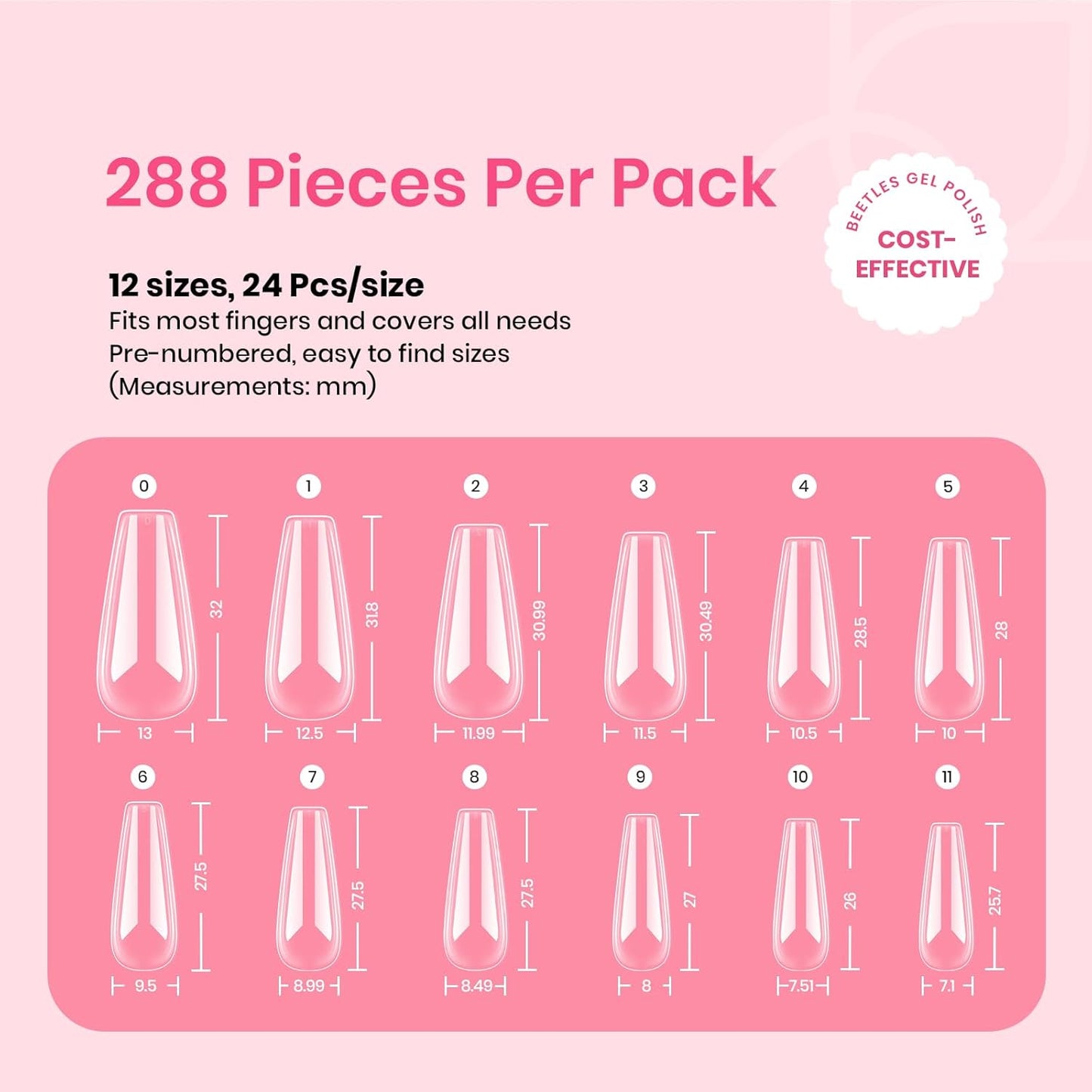 Beetles Gel Nail Tips Long Coffin Pre-Etched Nail Tips, 12 Sizes 288Pcs Pre Shaped Soft Gel Clear Nail Full Cover False Nail Tips Acrylic Glue on Nails Extension Fake Nails Manicure Gifts for Women