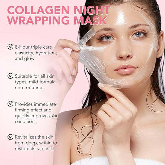 Collagen Night Wrapping Mask, Peel Off Face Mask with Jelly Brush, Jelly Masks for Facials Professional Korean Skin Care, Elasticity & Hydration Care Overnight Collagen Mask for Women - 2.53 oZ