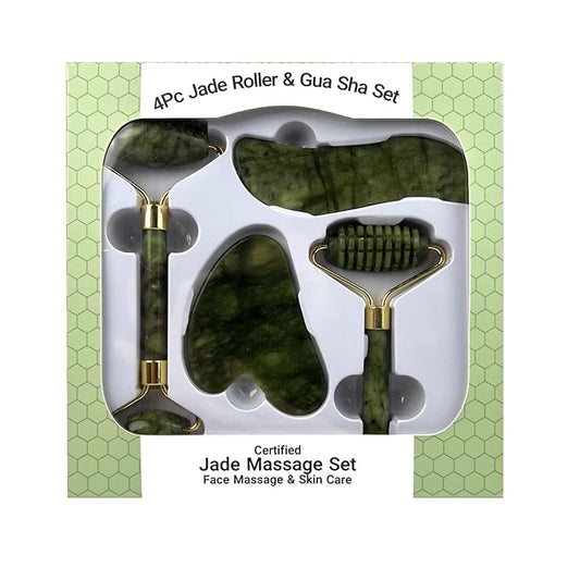 4-Piece Set Jade Roller and Gua Sha Set, Face Massager for Anti-Aging, Slimming, Firming / Facial Roller Massager with Gua Sha Shaping Tools / Removes Wrinkles and Eye Puffiness / Gift Set