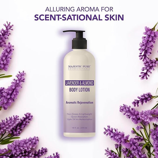 Majestic Pure Lavender & Almond Body Lotion with Aloe Leaf Extracts | Nourishing & Moisturizing | Quick Absorbing, Lightweight & Non Greasy | For All Skin Types | For Women & Men | 16fl oz