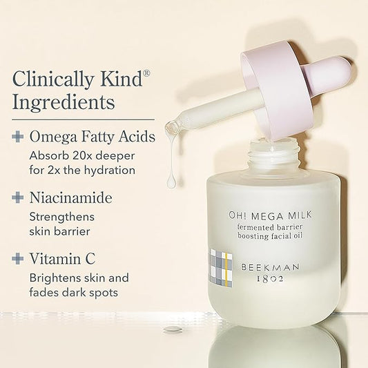 Beekman 1802 Oh Mega Milk Facial Oil - Hydrating Vitamin C & Niacinamide Serum - Repairs Skin Barrier & Reduces Dark Spots From Aging - Fragrance Free, Sensitive Skin Safe