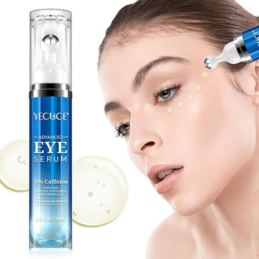 Eye Serum for Dark Circles and Puffiness, Under Eye Serum with 5% Caffeine Anti Aging Smooths fine lines and wrinkle appearance, Eye Cream with 360° Eye Roller Massage Ball