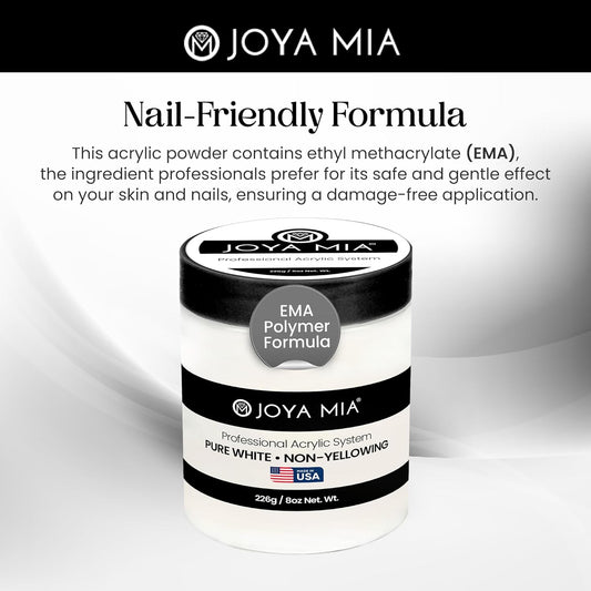 Joya Mia Acrylic Powder for Nails, MMA-Free, Super Adhesion Professional Powder for Flawless & Long-Lasting Nail Enhancements, Easy Application, Vibrant & Stunning Colors - Pure White, 8 oz