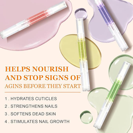 Meschett Cuticle Oil Pens with Nail File for Nail Care, 4PCS Nail Pen Oil with Natural Ingredients, Fingernails and Toenails Oil Cuticle for Repairing Cracked(Mix Flavors)