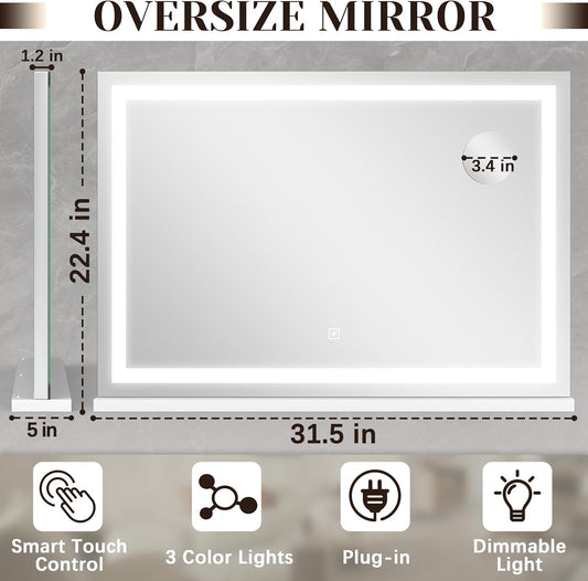 31" x 22" Large Lighted Vanity Mirror with Lights, Dimmable 3 Modes, LED Makeup Mirror for Bathroom & Dressing Room, Tabletop or Wall-Mounted, 10X Magnification, White