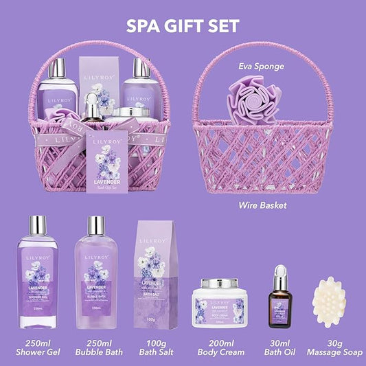 Mothers Day Gifts for Mom - 8 Pcs Lavender Bath & Body Gift Set for Women, Spa Gift Basket with Bath Bomb | Christmas, Birthday Gifts, Self Care & Pampering Gifts for Her, All Occasion Holiday Present