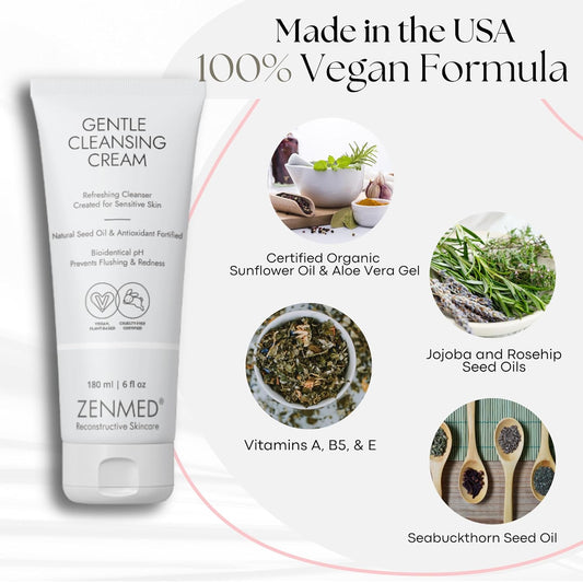 ZENMED Gentle Cleansing Cream - 6 oz. 100% Vegetarian Natural See Oil & Antioxidant Fortified Help Control Redness & Flushing pH 6.0 Soap-Free Will Not Over-Dry