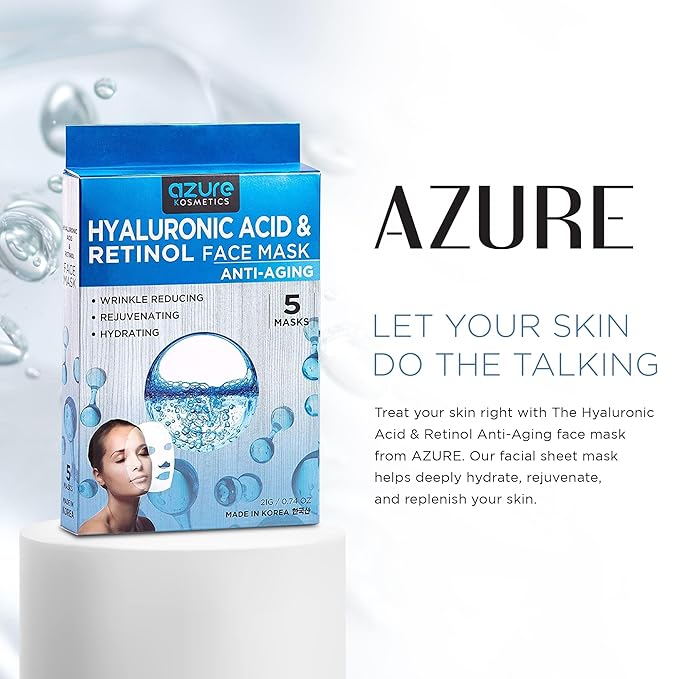 AZURE Hyaluronic Acid & Retinol Anti Aging Facial Mask - Dermatologist Tested - Rejuvenating & Hydrating Face Mask - Helps Reduce Fine Lines & Wrinkles, Smooths & Repairs - Korean Skin Care - 10 Pack