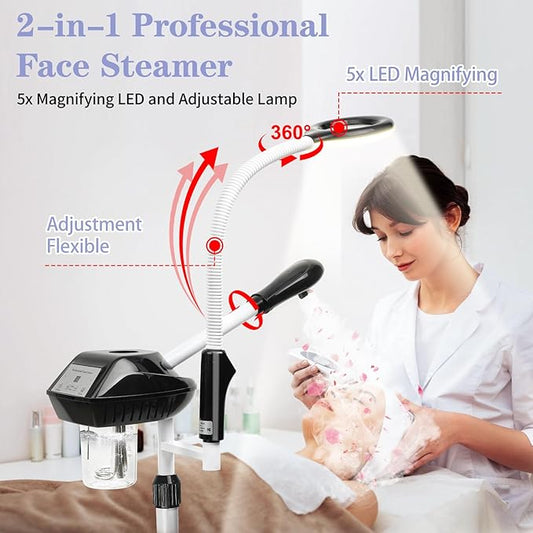 Professional Facial Steamer, 2 in 1 Ozone Facial Steamer on Wheels, with 5X Magnifying Lamp, Facial Steamer with Time Setting, Stand Facial Steamer Adjustable Height for Spa, Salon and at Home use