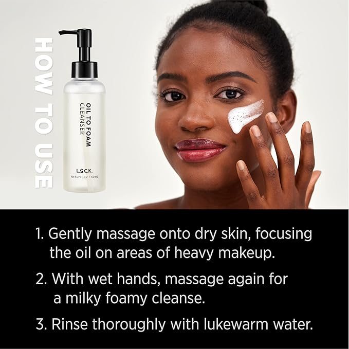 L.O.C.K. Oil To Foam Cleanser - Vegan Olive Based Cleanser, Makeup Remover, Best For Waterproof Makeup, Vegan, Natural Skincare, Gentle For Everyone, Premium Quality, Clean Beauty, 5.07 Fl Oz. 150ml