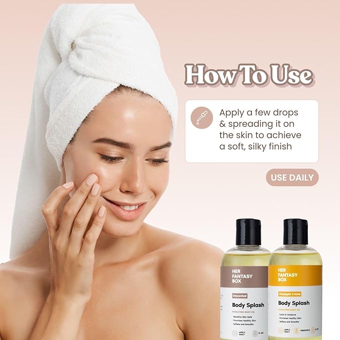 Her Fantasy Box Body Splash Hydrating Body Oil - Moisturizing, Non-Greasy Formula for Soft, Smooth Skin - All-Natural, Lightweight & Nourishing (8 Fl Oz, Unscented)