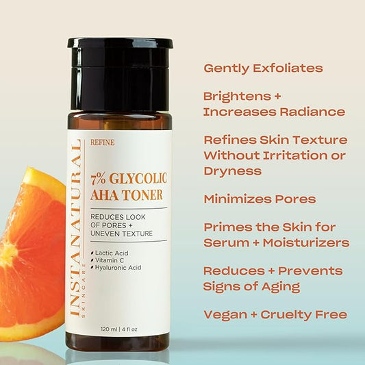 InstaNatural Face Toner, Brightens, Reduces The Look of Pores and Uneven Texture, Gently Exfoliates (4 fl oz (4 fl oz, 7% Glycolic AHA Face Toner)