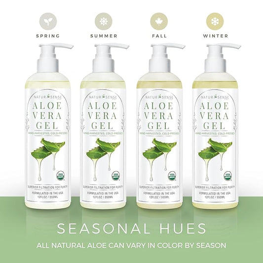 NaturSense USDA Organic Aloe Vera Gel from 100% Pure Aloe. Same Gentle Aloe, Pink/Amber Color is Natural. Great for Hair, Scalp, Face, Dry Skin, Acne, Sunburn, Sensitive Skin. Unscented, 12 oz.