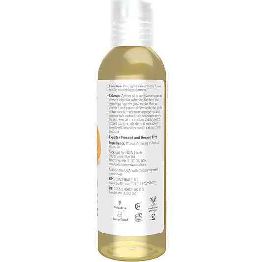 NOW Foods Solutions, Apricot Kernel Oil, Hair Moisturizer, Rejuvenating Skin Oil, Softens Fine Lines, 4-Ounce
