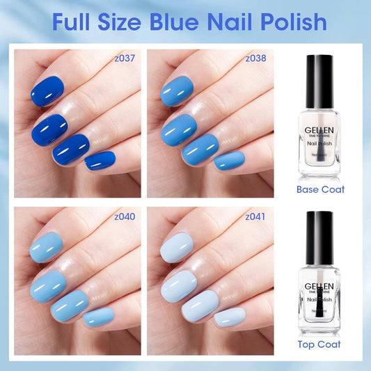 Gellen Blue Nail Polish & Clear Base Top Coat Nail Polish, Quick Air Dry Natural Regular Nails Polish Bright Baby Cobalt Ocean Blue 6pcs Set for Acrylic Natural Nails Home Salon, Non UV Gel, Hema Free