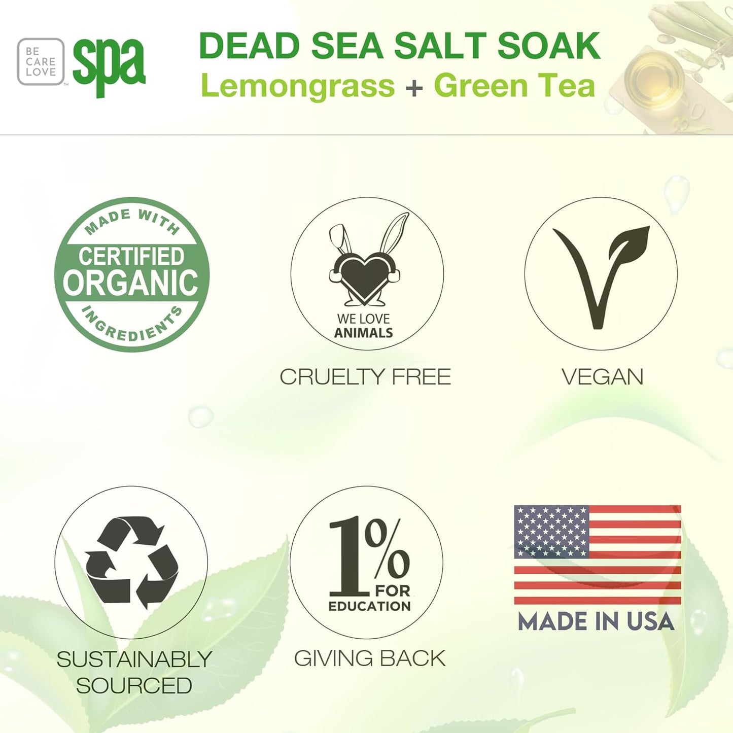 BCL SPA Dead Sea Salt Soak - Bath Salt with Organic Lemongrass + Green Tea, Shae Butter, Arnica, Aloe Vera Juice, Chamomile, Argan Oil & Jojoba Oil - Skin Exfoliator - Home/Professional Use 16 fl oz