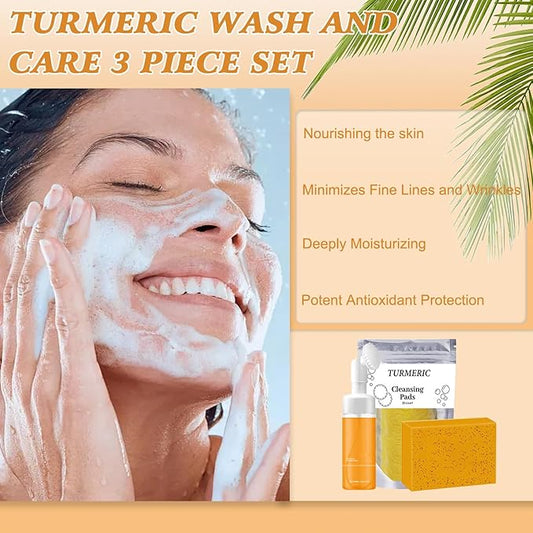 Turmeric Wash and Care Three Piece Set, Tuemeric Facial Cleanser & TurmericSoap Bar & Turmeric Face Scrub Pads, Turmeric Cleansing Skincare Set for Face & Body, Deep Cleaning of the Skin