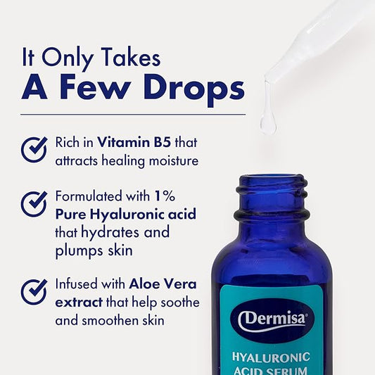 Dermisa Hyaluronic Acid Face Serum 1% Pure Hyaluronic Acid, Vitamin B5, Beta-Glucan | Intense Moisturizer For All Skin Types | Paraben & Fragrance-Free